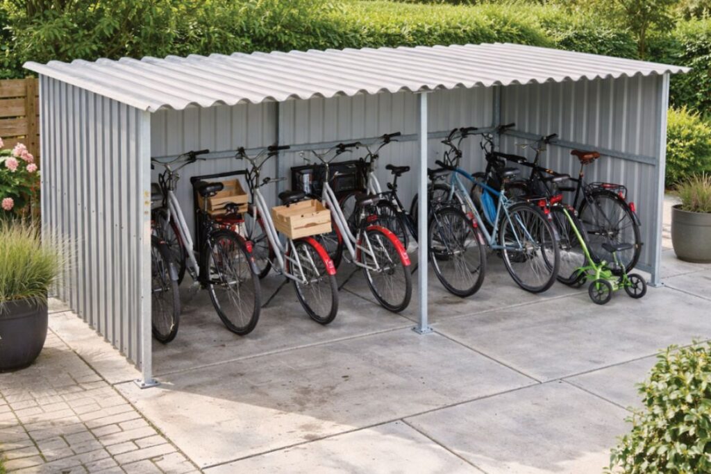 Stalen fietsenhok met fietsen op maat geplaatst